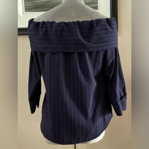 Lilith A Paris Size Small Off The Shoulder Navy Pinstripe Bow Blouse - Picture 4 of 5